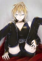 Rule 34 | 1boy, bare shoulders, blonde hair, blue eyes, boots, choker, detached sleeves, half-closed eyes, hand on own thigh, kagamine len, male focus, nail polish, open mouth, ponytail, project diva, project diva (series), project diva 2nd, saegome, sexually suggestive, shorts, sitting, smile, solo, speaker, teeth, thigh boots, thighhighs, tsurime, vocaloid, yellow nails, zettai ryouiki