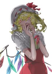 Rule 34 | 1girl, ascot, blonde hair, bow, collar, covering own mouth, crystal, crystal wings, curly hair, eyelashes, fangs, flandre scarlet, frilled collar, frilled cuffs, frills, hair between eyes, hair over eyes, hat, hat bow, highres, looking at viewer, mob cap, multicolored wings, open mouth, red bow, red eyes, red skirt, red vest, shaded face, shirt, short hair, short sleeves, side ponytail, simple background, skirt, skirt set, solo, touhou, ue toono (atano), vampire, vest, white background, white hat, white shirt, wings, wrist cuffs, yellow ascot