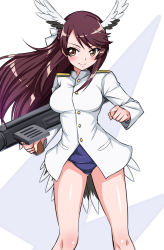 Rule 34 | 1girl, blue one-piece swimsuit, blush, brave witches, breasts, brown eyes, brown hair, cameltoe, closed mouth, cyber (cyber knight), female focus, gun, hair ornament, hair ribbon, head wings, karibuchi takami, large breasts, long hair, looking at viewer, military, military uniform, one-piece swimsuit, ribbon, rifle, shiny skin, simple background, smile, solo, standing, swimsuit, uniform, weapon, white background, wing ears, wings, world witches series
