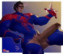 Rule 34 | abs, absurdres, aliveyozora, bara, black hair, bodysuit, cum, dark-skinned male, dark skin, highres, large penis, male focus, marvel, mature male, miguel o&#039;hara, muscular, muscular male, penis, red eyes, spider-man: across the spider-verse, spider-man: into the spider-verse, spider-man (2099), spider-man (series), spider-verse, thick thighs, thighs, torn bodysuit, torn clothes