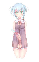 Rule 34 | 1girl, beads, blue hair, braid, braided ponytail, censored, chouhoukei, dress, erection, futanari, green eyes, hands behind, highres, large penis, penis, pig tail, precum, ribbon, sex toy, solo, tail, testicles, twintails, urethral beads, urethral bulge, urethral insertion