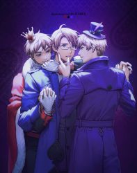 Rule 34 | 3boys, ahoge, america (hetalia), arm around neck, axis powers hetalia, blue background, blue suit, cape, coat, crown, dual persona, evil grin, evil smile, formal, fur-trimmed coat, fur trim, furrowed brow, glasses, gloves, grin, hands on another&#039;s face, hat, hat feather, heart, holding hands, interlocked fingers, looking at another, male focus, multiple boys, official alternate costume, parted lips, red cape, smile, spade (shape), suit, to@st, top hat, twitter username, united kingdom (hetalia), white gloves, yaoi