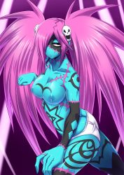 Rule 34 | 1girl, breasts, code of princess, hair ornament, hair over one eye, lady zozo, large breasts, minarai, navel, nipples, panties, pink hair, skull hair ornament, solo, stitches, tattoo, topless, twintails, underwear, white panties, yellow eyes