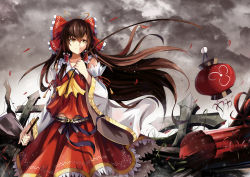 Rule 34 | 1girl, absurdres, ascot, bow, brown hair, carrying over shoulder, cloud, cloudy sky, commentary request, detached sleeves, floating hair, frilled bow, frilled shirt collar, frills, grey sky, hair between eyes, hair bow, hair tubes, hakurei reimu, highres, long hair, looking away, nontraditional miko, outdoors, red bow, red shirt, red skirt, seiya asakami, shirt, sidelocks, skirt, skirt set, sky, smile, solo, standing, touhou, very long hair, wide sleeves, yellow ascot, yellow eyes