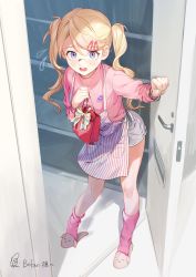 Rule 34 | 1girl, absurdres, almic, apron, bag, blonde hair, blue eyes, blush, breasts, door, hair ornament, hairclip, highres, holding, holding bag, long hair, long sleeves, looking at viewer, medium breasts, open mouth, original, pink shirt, pink socks, shirt, socks, solo, twintails, valentine, white day