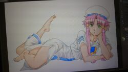 Rule 34 | 1girl, aria (manga), aria company uniform, bare legs, barefoot, beret, blue bow, blue bowtie, blush, bow, bowtie, collarbone, cwind, dress, eyelashes, feet, foot up, gold trim, green eyes, hair tubes, hat, highres, legs, looking at viewer, mizunashi akari, parted bangs, pink hair, sailor collar, short hair with long locks, short sleeves, side slit, sidelocks, simple background, solo, thighs, toenails, toes, white background, white dress, white hat