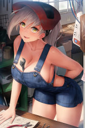 Rule 34 | 1girl, :d, arm behind back, bare shoulders, between breasts, blush, box, breasts, cable, cardboard box, cleavage, collarbone, cowboy shot, day, denim, denim overalls, dot nose, electrical outlet, green eyes, highres, indoors, large breasts, leaning forward, looking at viewer, mask, mask on head, mechanic, medium breasts, naked overalls, no bra, obaoba (monkeyix), open mouth, original, overall shorts, overalls, pliers, ponytail, screwdriver, shelf, sideboob, silver hair, smile, solo, table, thick thighs, thighs, welding mask, window, wooden table, wrench, yellow eyes