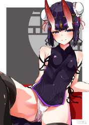 Rule 34 | 1girl, bare shoulders, black dress, black thighhighs, blush, border, breasts, bun cover, china dress, chinese clothes, circlet, closed mouth, covered navel, double bun, dress, eyeliner, fate/grand order, fate (series), forehead jewel, grey background, hair bun, highres, horns, knee up, looking at viewer, makeup, nagatani (nagata2), oni, panties, purple eyes, purple hair, short dress, short eyebrows, short hair, shuten douji (fate), skin-covered horns, small breasts, smile, solo, thighhighs, thighs, underwear, white border, white panties