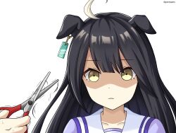 Rule 34 | 1girl, 1other, absurdres, ahoge, animal ears, black hair, blue shirt, brown eyes, closed mouth, collarbone, cut bangs, ears down, goom (goomyparty), highres, holding, horse ears, long hair, manhattan cafe (umamusume), out of frame, school uniform, scissors, shaded face, shirt, simple background, solo focus, sweat, tracen school uniform, trembling, twitter username, umamusume, upper body, white background