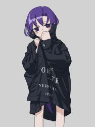 Rule 34 | 1girl, black jacket, blush stickers, clothes writing, covering privates, enpera, gishiki (gshk), goshiki agiri, grey background, head tilt, highres, jacket, jitome, kill me baby, long hair, looking at viewer, open clothes, open jacket, purple eyes, purple hair, scarf, simple background, solo, standing, very long hair