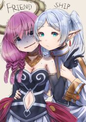 Rule 34 | 2girls, @ @, arm around waist, aura (sousou no frieren), aura bullying (meme), black corset, black gloves, blue eyes, braid, capelet, cheek-to-cheek, clothing cutout, corset, crying, crying with eyes open, demon girl, demon horns, drop earrings, earrings, elbow gloves, elf, english text, forced smile, frieren, gloves, gold necklace, green eyes, grey hair, heads together, highres, holding another&#039;s wrist, horns, jewelry, long hair, looking at viewer, low-braided long hair, low-tied long hair, multiple braids, multiple girls, navel, navel cutout, necklace, parted bangs, pointy ears, purple hair, scared, shaded face, short eyebrows, simple background, sousou no frieren, tears, trembling, twintails, v, white capelet, white hair, zombie mogura