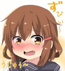 Rule 34 | 10s, 1girl, blush, brown eyes, brown hair, close-up, commentary request, eyebrows, fang, hair ornament, hairclip, hay fever, ikazuchi (kancolle), kantai collection, nose blush, open mouth, oshiruko (uminekotei), runny nose, school uniform, serafuku, short hair, skin fang, snot, solo, tears, translation request, wavy mouth