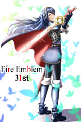 Rule 34 | 1girl, absurdres, anniversary, armor, belt, blue cape, blue dress, blue eyes, blue footwear, blue hair, blue legwear, bodysuit, boots, breasts, brown belt, bug, butterfly, cape, closed mouth, commentary request, dress, english text, falchion (fire emblem), fingerless gloves, fire emblem, fire emblem awakening, from behind, full body, gloves, gold trim, hair blowing, hands up, highres, holding, holding sword, holding weapon, insect, knee boots, long hair, looking at viewer, looking back, lucina (fire emblem), nintendo, ribbed bodysuit, shadow, short dress, shoulder armor, sidelocks, solo, sparkle, sukkirito (rangusan), sword, tiara, weapon