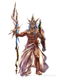 Rule 34 | 1boy, abs, absurdres, animal skull, armlet, bara, barefoot, beard, blue hair, crown, dark-skinned male, dark skin, facial hair, front ponytail, frown, full body, gold necklace, hat feather, highres, holding, holding staff, huge weapon, jewelry, konohanaya, large pectorals, long hair, looking at viewer, low-tied sidelocks, male focus, mature male, muscular, muscular male, navel, navel hair, necklace, original, pectorals, planted, sanpaku, skull pauldron, solo, staff, stomach, tachi-e, thick eyebrows, tribal, weapon
