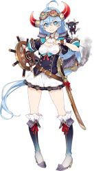 Rule 34 | 1girl, ahoge, blue eyes, blue hair, boots, full body, fuyuno yuuki, goggles, goggles on head, horn ornament, horns, long hair, official art, oshiro project:re, oshiro project:re, short sleeves, skirt, smile, solo, sword, transparent background, uwajima (oshiro project), very long hair, weapon, white skirt