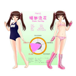 Rule 34 | #13, bare legs, bare shoulders, barefoot, boots, bow, brown eyes, brown hair, display, feet, gloves, ruka (#13), school swimsuit, swimsuit, toes