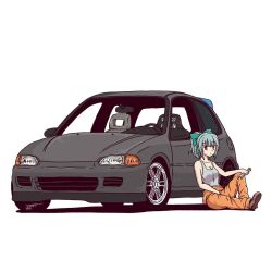 Rule 34 | 1girl, aqua bow, aqua hair, bow, brown footwear, closed mouth, commentary, english commentary, hair bow, holding, holding wrench, honda, honda civic, jestami, jumpsuit, jumpsuit around waist, kantai collection, looking at viewer, medium hair, orange eyes, orange jumpsuit, ponytail, signature, simple background, solo, tank top, vehicle focus, white background, white tank top, wrench, yuubari (kancolle)