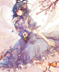 Rule 34 | 1girl, bad id, bad pixiv id, blue dress, blue eyes, blue hair, branch, dress, drill hair, flower, flower on head, frilled dress, frills, hagoromo, hair flower, hair ornament, hair rings, hair stick, kaku seiga, lace, lace-trimmed dress, lace trim, looking at viewer, matching hair/eyes, miiko (somnolent), ofuda, puffy short sleeves, puffy sleeves, shawl, short hair, short sleeves, smile, solo, touhou, twin drills, twintails, vest