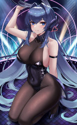 Rule 34 | 1girl, absurdres, animal ears, arm strap, arm up, azur lane, bare shoulders, black footwear, black leotard, blue eyes, blue hair, blush, bodystocking, breasts, brown pantyhose, cleavage, commentary request, covered navel, eternity (shadeh), fake animal ears, full body, hair between eyes, hair intakes, headgear, high heels, highres, large breasts, leotard, long hair, looking at viewer, new jersey (azur lane), new jersey (exhilarating steps!) (azur lane), official alternate costume, pantyhose, playboy bunny, rabbit ears, see-through, see-through cleavage, smile, solo, very long hair