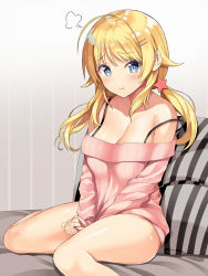 Rule 34 | 1girl, ahoge, bare legs, bare shoulders, blonde hair, blue eyes, blush, breasts, cleavage, closed mouth, collarbone, dress, fingernails, gradient background, hachimiya meguru, hair flaps, hair ornament, hairclip, highres, idolmaster, idolmaster shiny colors, inuzumi masaki, large breasts, long hair, long sleeves, looking at viewer, low twintails, off-shoulder, off-shoulder sweater, off shoulder, pink sweater, pout, puffy cheeks, ribbed sweater, sitting, solo, strap slip, sweater, sweater dress, swept bangs, thighs, twintails, wariza