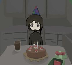 Rule 34 | 1girl, birthday, birthday cake, birthday party, black sweater, box, brown eyes, brown hair, cake, chocolate cake, cup, drawfag, drink, drinking glass, food, fruit, gift, gift box, grey background, hair ornament, hat, icing, indoors, iwakura lain, lonely, long sleeves, looking down, party hat, raised eyebrows, red ribbon, ribbon, serial experiments lain, sidelocks, sitting, smile, soda, solo, source request, strawberry, sweater, turtleneck, turtleneck sweater