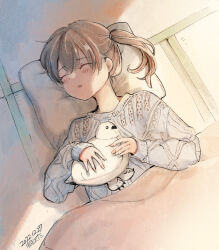 Rule 34 | 1girl, artist name, blanket, brown hair, closed eyes, commentary request, dated, grey sweater, kaga (kancolle), kantai collection, kirisawa juuzou, long hair, lying, on back, pillow, side ponytail, sleeping, solo, stuffed animal, stuffed bird, stuffed toy, sweater, tatami, upper body