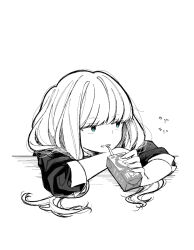 Rule 34 | 1girl, arm rest, box, carton, comic, drink, drinking, drinking straw, greyscale, highres, holding, holding box, hyakucha, long hair, looking to the side, monochrome, original, simple background, sleeves rolled up, solo, teeth, white background