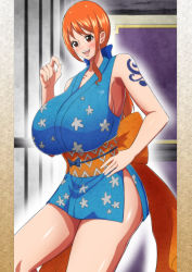 Rule 34 | 1girl, breasts, brown eyes, highres, huge breasts, japanese clothes, kimono, long hair, looking at viewer, nami (one piece), one piece, open mouth, orange hair, scroll, smile, solo, squatting, tattoo