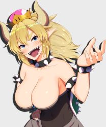 Rule 34 | 1girl, :d, armlet, bare arms, bare shoulders, black collar, blonde hair, blue gemstone, bowsette, bracelet, breasts, cleavage, collar, collarbone, commentary request, crown, elbow gloves, fingernails, gem, gloves, hand on own hip, hand up, head tilt, high ponytail, highres, horns, jewelry, kuroshiro (ms-2420), large breasts, looking at viewer, mario (series), new super mario bros. u deluxe, nintendo, open mouth, piercing, pointy ears, princess, sharp fingernails, sharp teeth, smile, solo, spiked armlet, spiked bracelet, spiked collar, spiked shell, spikes, strapless, super crown, teeth, thick eyebrows, tongue piercing, turtle shell, v-shaped eyebrows