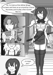 Rule 34 | 4girls, absurdres, aimee matchlock, armor, belt, black lagoon, booth seating, boots, bravely default (series), catria (fire emblem), cigarette, curtains, dragon ball, finger on trigger, fire emblem, fur collar, greyscale, gun, highres, horsekiller, knee boots, lamp, looking at another, lunch (dragon ball), manga page, monochrome, multiple girls, nintendo, pelvic curtain, revy (black lagoon), shaded face, sheath, sheathed, spaghetti strap, speech bubble, strip poker night at the inventory, sweatdrop, sword, the inventory (setting), weapon, white wings, wings, wooden floor