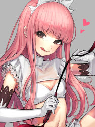 Rule 34 | 1girl, :q, bra, breasts, brown eyes, closed mouth, elbow gloves, fate/grand order, fate (series), gloves, grey background, heart, highres, holding, long hair, looking at viewer, medb (fate), navel, pink hair, riding crop, shrug (clothing), signature, simple background, skirt, small breasts, smile, solo, tiara, tongue, tongue out, underwear, upper body, uzura (bonnet225), very long hair, white bra, white gloves, white skirt