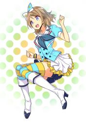 Rule 34 | 1girl, aozora jumping heart, blue eyes, blush, bow, brown hair, earrings, engawa (rarenago), full body, hair bow, highres, jewelry, jumping, legs, love live!, love live! sunshine!!, shorts, simple background, skirt, solo, watanabe you