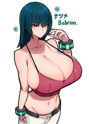 Rule 34 | 1girl, absurdres, alternate breast size, black hair, bracelet, breasts, cleavage, creatures (company), crop top, game freak, highres, huge breasts, jewelry, long hair, looking at viewer, midriff, mixed-language text, nintendo, pokemon, pokemon hgss, red eyes, sabrina (pokemon), solo, standing, white background, wolffeld price