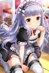 Rule 34 | 1girl, alternative girls, apron, black bow, black dress, bow, bow choker, chair, closed mouth, dress, highres, hiiragi tsumugi, indoors, long hair, looking at viewer, maid, maid headdress, official art, paw pose, red bow, red eyes, silver hair, sitting, smile, solo, thighhighs, white apron, white thighhighs