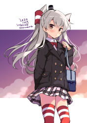 Rule 34 | 1girl, alternate costume, amatsukaze (kancolle), black coat, blush, brown eyes, coat, dated, feet out of frame, hair between eyes, hair tubes, kantai collection, long hair, long sleeves, odawara hakone, plaid, plaid skirt, pleated skirt, red thighhighs, silver hair, skirt, solo, thighhighs, twitter username, two side up, white skirt