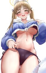 Rule 34 | 1girl, absurdres, animal ears, bikini, black bikini, blue archive, blue jacket, breasts, brown hair, fake animal ears, glasses, halo, highres, jacket, large breasts, lds (dstwins97), lifting own clothes, long sleeves, looking at viewer, moe (blue archive), moe (swimsuit) (blue archive), navel, official alternate costume, open mouth, side-tie bikini bottom, simple background, smile, solo, swimsuit, thighs, underboob, white background, yellow halo