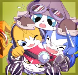Rule 34 | appmon, artist request, blue eyes, digimon, digimon (creature), digimon universe: appli monsters, dokamon, fangs, fur collar, gatchmon, goggles, goggles on head, hat, headphones, musimon, no humans, offmon, pointy nose, yellow eyes