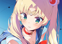Rule 34 | 1girl, absurdres, bishoujo senshi sailor moon, blonde hair, blue eyes, blue sailor collar, bow, breasts, choker, circlet, cleavage, clenched teeth, crescent, crescent earrings, derivative work, diadem, double bun, earrings, hair bun, hair ornament, hair over shoulder, heart, heart choker, highres, huge filesize, ichijo rei, jewelry, long hair, meme, parted bangs, red bow, red choker, sailor collar, sailor moon, sailor moon redraw challenge (meme), sailor senshi, sailor senshi uniform, screenshot redraw, short sleeves, solo, sweatdrop, teeth, tsukino usagi, twintails, upper body