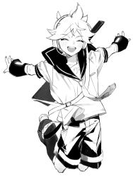 Rule 34 | 1boy, arm warmers, bass clef, belt, black collar, black shorts, collar, commentary, closed eyes, facial hair, greyscale, headphones, headset, instrument, instrument on back, jumping, kagamine len, keytar, leg warmers, male focus, monochrome, naoko (naonocoto), necktie, open mouth, outstretched arms, sailor collar, school uniform, shirt, short ponytail, short sleeves, shorts, smile, solo, spiked hair, vocaloid, white background, white shirt