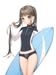 Rule 34 | 1girl, absurdres, bad id, bad pixiv id, blush, breasts, brown eyes, brown hair, closed mouth, cowboy shot, hand up, highres, holding, holding behind back, long hair, looking at viewer, mokew, original, rash guard, simple background, small breasts, smile, solo, surfboard, tareme, thighs, twintails, twitter username, very long hair, white background