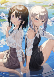 Rule 34 | 2girls, 3:, bare legs, black hair, blush, bra, breasts, closed mouth, commentary, flower, from side, hair ornament, hair scrunchie, high-waist skirt, highres, holding hands, ichika (kantoku), kantoku, light smile, lily pad, looking at viewer, medium hair, multiple girls, off-shoulder shirt, off shoulder, one side up, open mouth, original, partially submerged, plaid, plaid skirt, purple eyes, reflection, ripples, scan, scrunchie, see-through, shirt, shizuku (kantoku), sitting, skirt, small breasts, underwear, wariza, water, wet, wet clothes, white bra, white hair, yuri