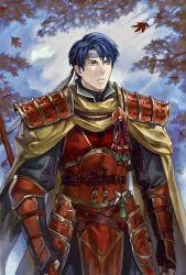 Rule 34 | 1boy, armor, blue hair, cape, commentary request, falling leaves, fingerless gloves, fire emblem, fire emblem heroes, forest, gloves, green eyes, headband, highres, holding, holding polearm, holding weapon, japanese armor, japanese clothes, leaf, looking to the side, male focus, maple leaf, nature, nintendo, oki xfourty, pelvic curtain, polearm, weapon, yellow cape, zelgius (fire emblem), zelgius (ninja) (fire emblem)