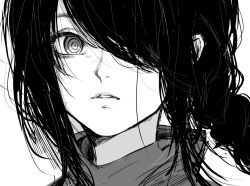 Rule 34 | 1girl, braid, chainsaw man, greyscale, hair over one eye, inoitoh, long hair, looking at viewer, monochrome, nayuta (chainsaw man), parted lips, portrait, ringed eyes, sidelocks, simple background, single braid, solo, turtleneck, white background