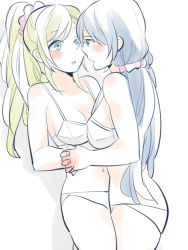 Rule 34 | 10s, 2girls, ayase eli, bad id, bad pixiv id, blonde hair, blue eyes, blue hair, blush, blush stickers, bra, breasts, green eyes, holding hands, long hair, looking at another, love live!, love live! school idol project, medium breasts, multiple girls, navel, open mouth, panties, ponytail, tachibana (14292517), tojo nozomi, underwear, underwear only, yuri