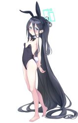Rule 34 | 1girl, absurdly long hair, absurdres, animal ears, aris (blue archive), arms behind back, bare shoulders, barefoot, black bow, black bowtie, black hair, black hairband, black leotard, blue archive, blue eyes, blush, bow, bowtie, breasts, closed mouth, detached collar, fake animal ears, fake tail, feet, fubuki rinne, full body, hair between eyes, hairband, halo, highleg, highleg leotard, highres, legs, leotard, long hair, one side up, playboy bunny, rabbit ears, rabbit tail, small breasts, smile, solo, strapless, strapless leotard, tail, thighs, toes, very long hair