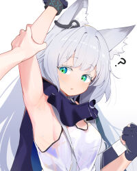 Rule 34 | ?, absurdres, animal ear fluff, animal ears, arknights, arm up, armpits, cat ears, cat girl, cloak, dress, earpiece, fingerless gloves, gloves, green eyes, grey hair, highres, holding another&#039;s arm, hood, hood down, hooded cloak, infection monitor (arknights), long hair, looking at another, pcaccount13, rosmontis (arknights), sleeveless, sleeveless dress, sweat, upper body