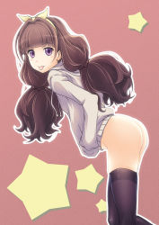 Rule 34 | 1girl, :p, amanogawa kirara, ass, black thighhighs, brown hair, go! princess precure, hairband, hands in pockets, long hair, looking at viewer, no panties, pink background, precure, purple eyes, simple background, slowpit, solo, star (symbol), thighhighs, tongue, tongue out, twintails