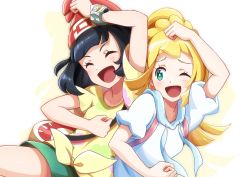 Rule 34 | 2girls, :d, ;d, arm up, beanie, black hair, blush, closed eyes, collarbone, commentary request, creatures (company), eyelashes, floral print, game freak, gotcha!, green shorts, happy, hat, hyoe (hachiechi), lillie (pokemon), long hair, looking at another, multiple girls, nintendo, one eye closed, open mouth, pokemon, pokemon sm, red headwear, selene (pokemon), shirt, short sleeves, shorts, smile, t-shirt, tied shirt, tongue, yellow shirt