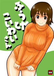 Rule 34 | 1girl, ayase fuuka, blush, bottomless, breasts, brown eyes, brown hair, clothes tug, eyebrows, female focus, groin, large breasts, murderhouse, naked sweater, no panties, orange shirt, ribbed sweater, shirt, short hair, simple background, solo, sweater, sweater tug, thick eyebrows, translated, turtleneck, yotsubato!