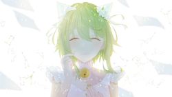 Rule 34 | 1girl, absurdres, aquarius (constellation), aries (constellation), bell, bloom, blush, cancer (constellation), capricorn (constellation), closed eyes, collar, commentary, constellation, dress, facing viewer, flower, frilled collar, frilled dress, frills, gemini (constellation), green hair, gumi, hair flower, hair ornament, hair ribbon, hand on own chest, highres, holding, holding own hair, leo (constellation), libra (constellation), light blush, lipstick, makeup, nail polish, neck bell, pisces (constellation), portrait, re eva, ribbon, sagittarius (constellation), scorpius (constellation), smile, solo, taurus (constellation), tears, virgo (constellation), vocaloid, white background, white dress, white flower